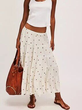 Free people In Full Swing Embroidered Midi Skirt Floral Tiered XS